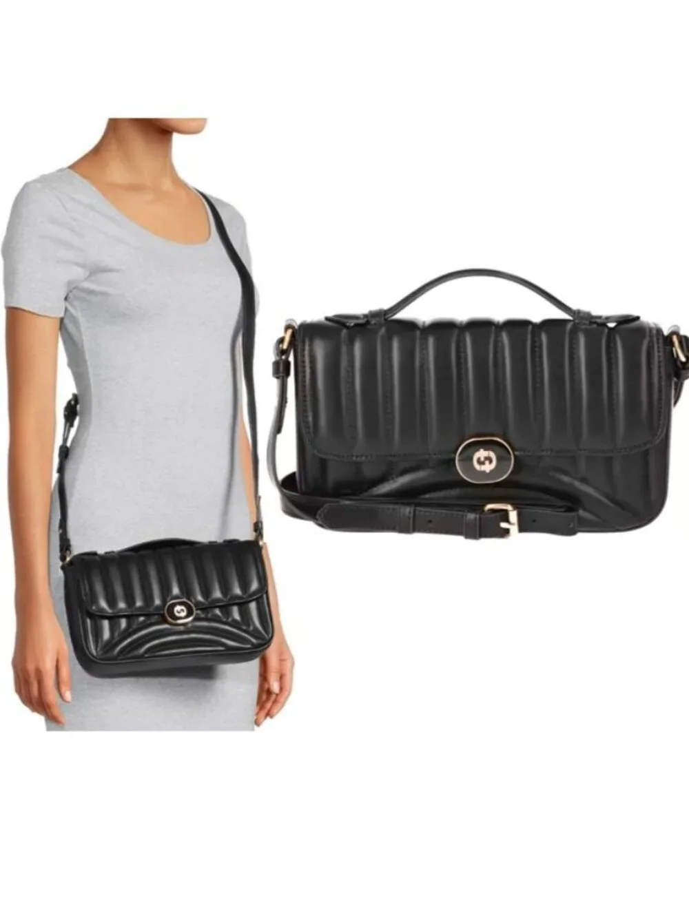 NWT Top Handle Adjustable Crossbody Snap Front PU Leather Quilted Bag Purse